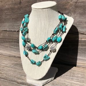 Turquoise & crystal necklace w/ dark brown thread